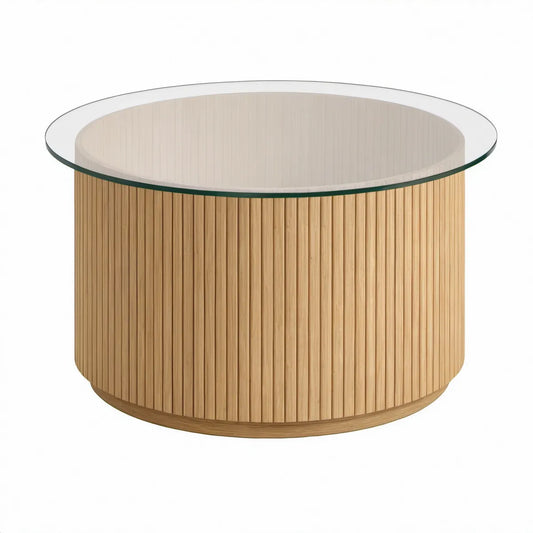 Kulatý konferenční stolek se skleněnou deskou, přírodní dub/čirá, Ø 80 × 45 cm