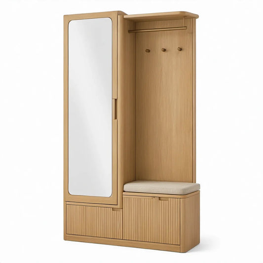 Předsíňová sestava se zrcadlem, lavicí a úložným prostorem 100 × 40 × 200 cm, přírodní dub/béžová
