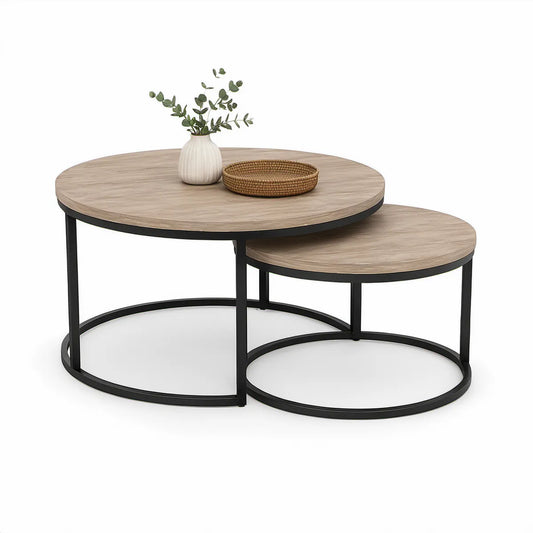 Sada 2 kulatých konferenčních stolků z MDF v dekoru světlého dubu s černou ocelovou konstrukcí, Ø 80 × 45 cm a Ø 60 × 35 cm